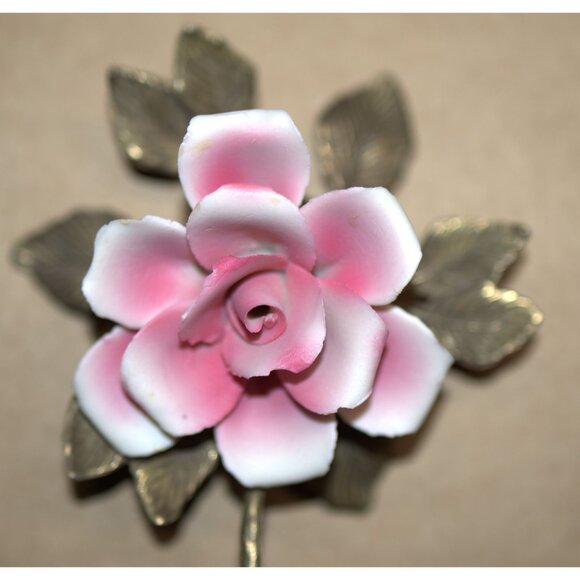 Vintage Capodimonte Porcelain Pink Rose Flower Sculpture Italy - Picture 8 of 11